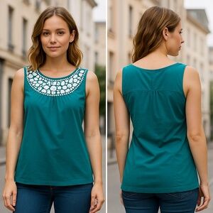 Merona Kelly Embellished Beaded Neckline Sleeveless Teal Green Tank Top Size‎ S